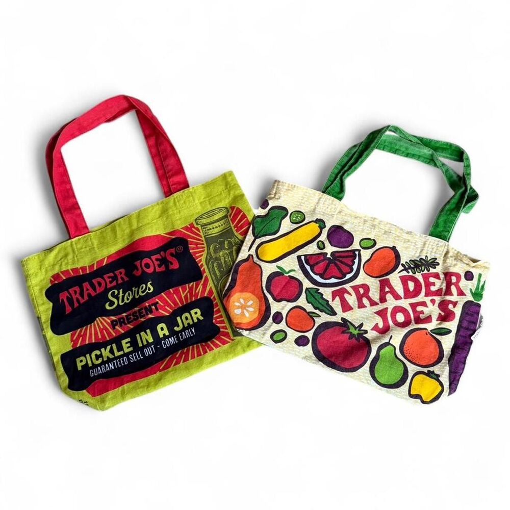 Trader Joe's reusable pickle tote bag and reusable veggie tote bag